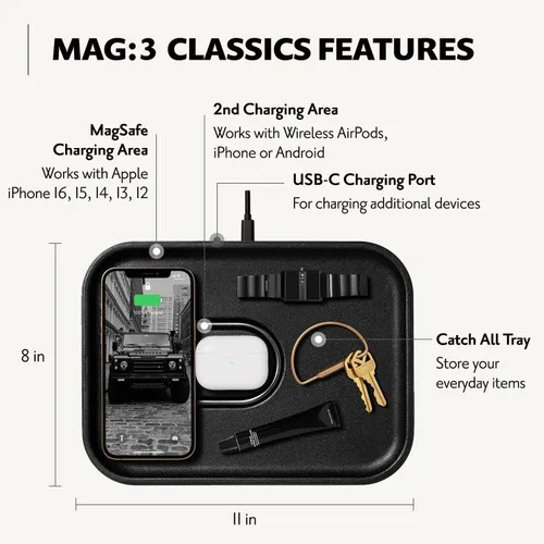 Miniatura 3 de Courant MAG:3 Classics - Cargador y bandeja de cuero italiano, cargador multidispositivo compatible con iPhones MagSafe 16, 15, 14, 13, 12 o fundas