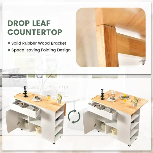 Miniatura 5 de LOKO Isla de cocina con hoja caída, carrito de almacenamiento de cocina rodante con cajón, gabinete, 6 estantes abiertos, estante de especias