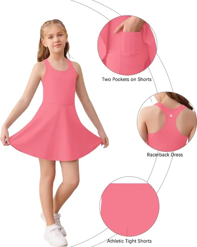 Miniatura 5 de Haloumoning Vestido de tenis sin mangas para niñas, vestido de golf con espalda cruzada para niños, vestido deportivo escolar con bolsillos cortos