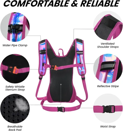 Miniatura 3 de Nepest Hydration Pack Backpack for Women & Men, Lightweight Water Backpack with 2L Water Bladder for Hiking Cycling Running Biking Holográfico - Rosa