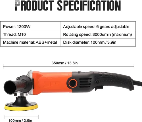 Miniatura 5 de Máquinas pulidoras eléctricas de 1200 W, pulidora eléctrica de 8000 rpm, velocidad ajustable, máquina pulidora de cera para automóvil, muebles