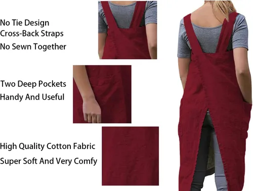 Miniatura 4 de Delantal Pinafore para mujer con espalda cruzada, bolsillos, delantal de lino y algodón, talla grande Rojo