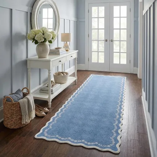 Miniatura 10 de GarveeHome Alfombra de entrada festoneada, 2 x 3, color azul sólido, lavable, alfombra floral para entrada interior, alfombra floral antideslizante