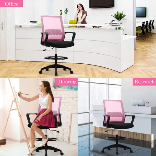 Miniatura 7 de Silla de redacción alta para escritorio de oficina, respaldo medio, altura de barra ajustable, silla de oficina con soporte lumbar y anillo