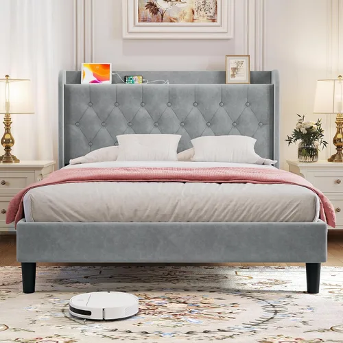 Miniatura 20 de koorlian - Marco de cama tamaño Queen con cabecero, plataforma tapizada ajustable con puertos tipo C y USB, cabecero abatible con almacenamiento