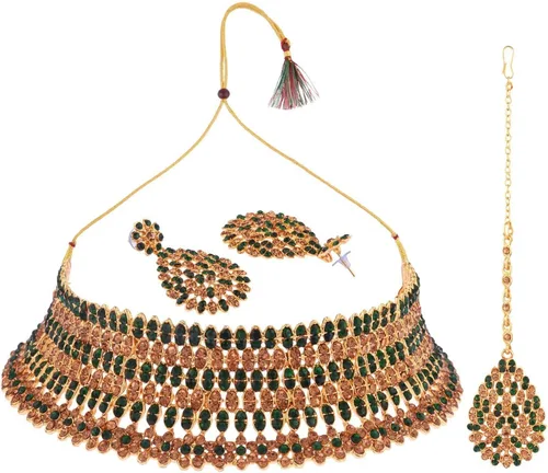 Miniatura 5 de Efulgenz Crystal Neckalce Set Rhinestone Brown Wedding Bridal Choker Austrian Necklace Earrings with Maang Tikka Head Chain Indian Bollywood Jewelry