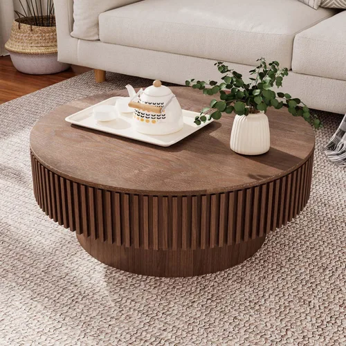 Mesa de centro redonda con almacenamiento, moderna mesa de centro de madera con chapeado de madera maciza, mesa central circular mesa de té de 31.5"