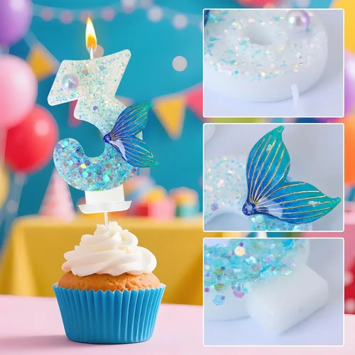 Miniatura 3 de Vela de sirena número 3, decoración de pastel de cola de sirena azul para decoración de fiesta de cumpleaños y aniversario de niñas (número 3)
