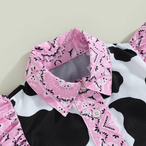 Miniatura 5 de Emmababy Trajes de mezclilla occidentales para niñas pequeñas, con volantes, sin mangas, con estampado de vaca, con botones, con cinturón
