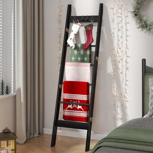 Miniatura 16 de Hzuaneri Escalera para manta para sala de estar, estante decorativo para edredón con 4 ganchos extraíbles, 5 niveles de soporte de escalera de Blanco