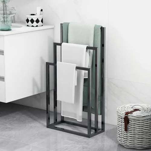 BOFENG Toallero de metal negro de 3 niveles, cromado, alto, industrial, moderno, independiente para accesorios de baño, organizador para