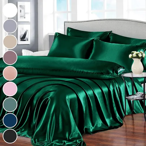 Miniatura 25 de Homiest Juego de sábanas de satén, tamaño matrimonial, 7 piezas de ropa de cama de satén en verde negruzco, sábana bajera de bolsillo profundo