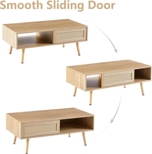Miniatura 4 de Mesa de centro de ratán, mesa de centro moderna de mediados de siglo de 40.3 pulgadas con almacenamiento, mesa rectangular de madera para sofá