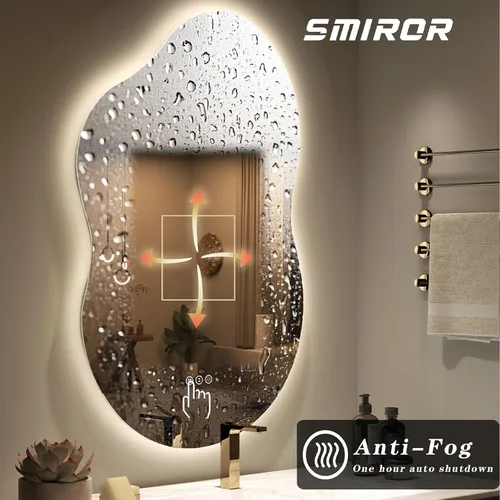 Miniatura 6 de SMIROR Espejo de Baño Retroiluminado Irregular con Luces 20 x 32, Espejo de Tocador con Luz LED Asimétrica en Forma de Nube para Pared