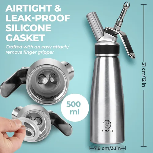 Miniatura 2 de Dispensador profesional de crema batida de 16.9 fl oz, batidor de crema de aluminio con 3 boquillas de decoración, máquina de postres sin fugas