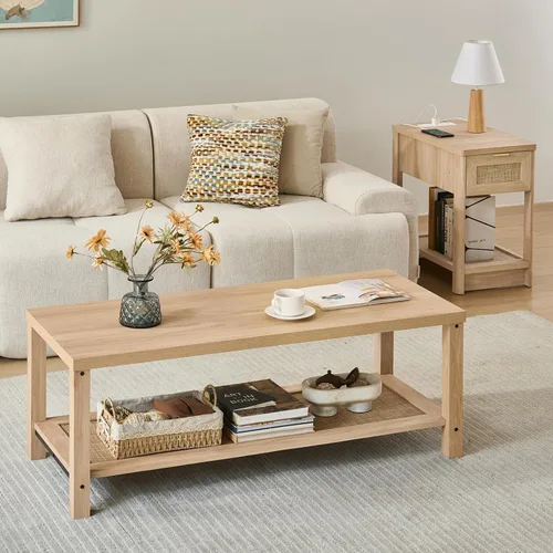 Miniatura 6 de Lerliuo - Mesas de café boho para sala de estar, mesa central de ratán con estante de almacenamiento abierto, madera natural
