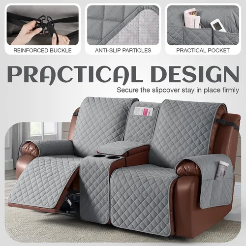 Miniatura 5 de KinCam Funda 100% impermeable para sofá biplaza reclinable con consola, fundas antideslizantes para sofá reclinable de 2 asientos, funda de sofá Gris