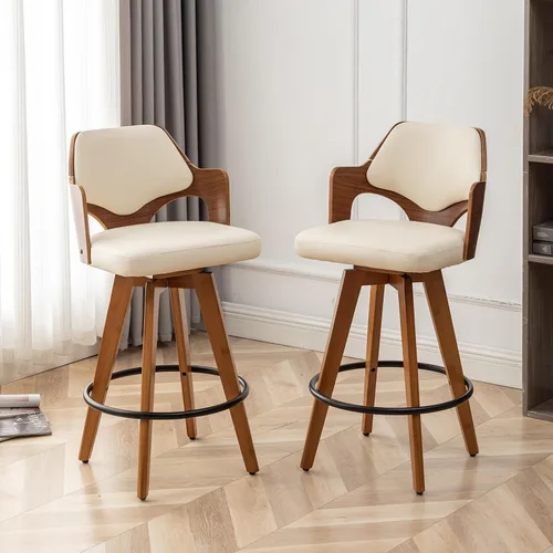 Miniatura 8 de MEKLIBA Juego de 2 taburetes de bar giratorios de altura de mostrador, silla de bar tapizada con patas de bambú, taburetes de mostrador con respaldo
