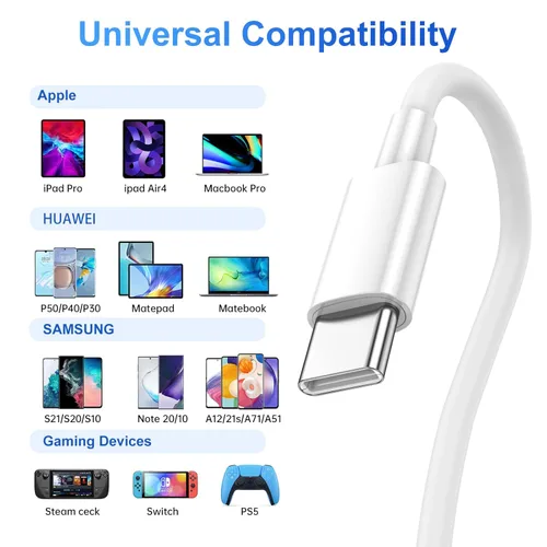 Miniatura 6 de Cable USB C a USB C de 100 W, paquete de 2 unidades de 10 pies, cable USB tipo C a tipo C, cable USB-C compatible con iPhone Blanco