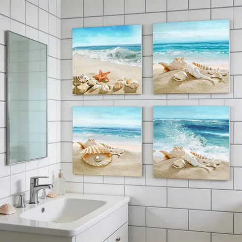 Miniatura 3 de Sandy Beach Shells - Lienzo con diseño de estrellas de mar y conchas de playa, arte de pared moderno, enmarcado para decoración de oficina en casa