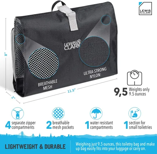 Miniatura 3 de Lewis N. Clark Neceser colgante para accesorios de viaje, champú, cosméticos + artículos personales con compartimento impermeable y diseño plegable