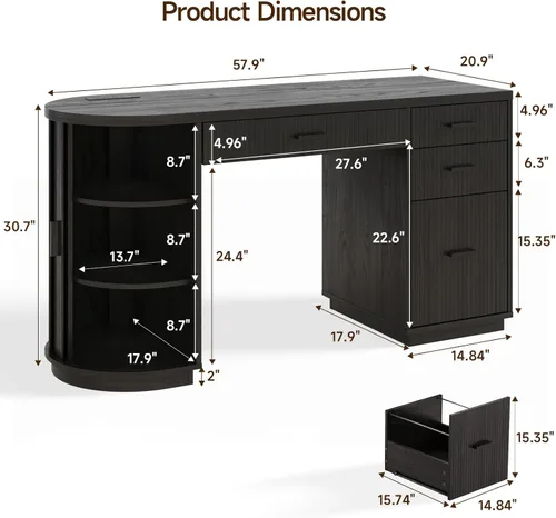 Miniatura 2 de ONBRILL Escritorio ejecutivo acanalado de 58 pulgadas, escritorio para computadora con cajones de almacenamiento y cajón de archivos, moderno Negro