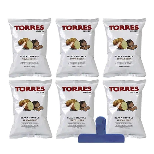 Torres - Chips de trufa negra prémium con clip GiftWorld BAG, patatas fritas antiguas y hechas a mano, sin gluten, (1.41 onzas) por bolsa, un