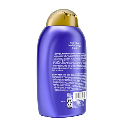 Miniatura 3 de OGX Champú voluminizador de colágeno extra fuerte con vitamina B7 y proteína de trigo hidrolizada para cabello fino. Tensioactivos sin sulfato
