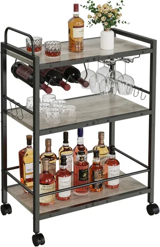 Miniatura 9 de Carrito de Servicio para Bar Doméstico, Carrito de Servicio con Ruedas y Mango, Carrito de Cocina Rodante de 3 Niveles, Carrito para Microondas