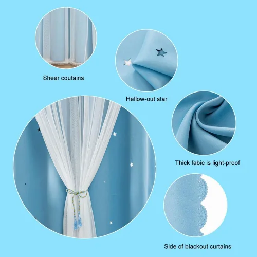 Miniatura 3 de Cortinas Opacas de Arcoíris Ombré para Dormitorio de Niñas, Sala de Estar, Rayas Oscurecedoras de Doble Capa con Cortes de Estrellas, Decoración