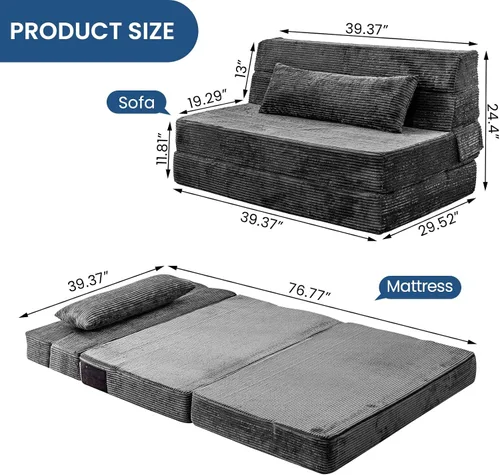 Miniatura 2 de Cvortll Sofá cama plegable, silla convertible con almohada, sofá plegable de espuma viscoelástica de alta densidad, sofá futón plegable para sala