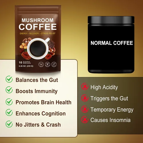 Miniatura 5 de Café de hongos (8.29 oz de gran tamaño), mezcla de 10 hongos superalimentos para energía, recuperación y enfoque, café instantáneo orgánico en polvo