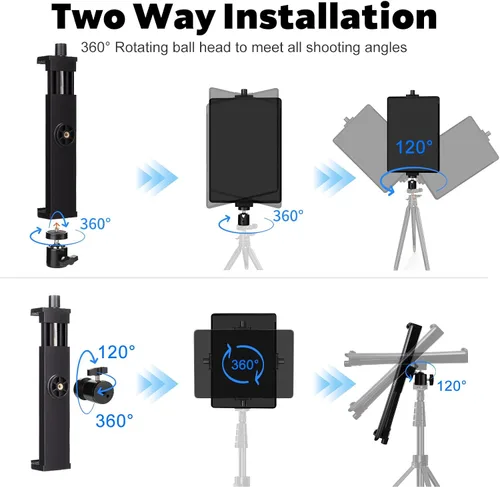 Miniatura 4 de Adaptador de montaje de trípode para iPad con cabeza esférica, soporte universal de abrazadera giratoria 360 con control remoto Bluetooth para iPad
