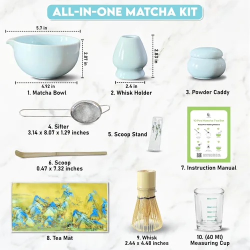 Miniatura 2 de Juego de 10 batidores Matcha Kit completo de té Matcha con cuenco de cerámica de 17 onzas, batidor y cuchara de bambú, soporte para batidor, tamiz