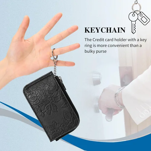 Miniatura 6 de GAEKEAO Cartera pequeña porta tarjetas de crédito para mujeres RFID de cuero delgada tipo pulsera con llavero y bolsillo con cremallera, Negro