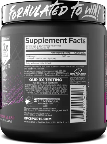Miniatura 9 de EFX Sports Kre-Alkalyn EFX Powder Suplemento en polvo de monohidrato de creatina pH correcto Fuerza, crecimiento muscular y rendimiento 110