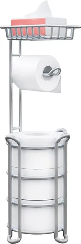 Soporte de papel higiénico con estante para teléfono, soporte de almacenamiento y dispensador de rollos de papel higiénico de pie para 4 mega Gris