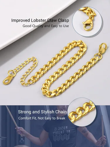 Miniatura 6 de PROSTEEL Pulsera de acero inoxidable para hombres y mujeres, elegantes pulseras de eslabones cubanos, chapado en oro negro de 18 quilates, ancho
