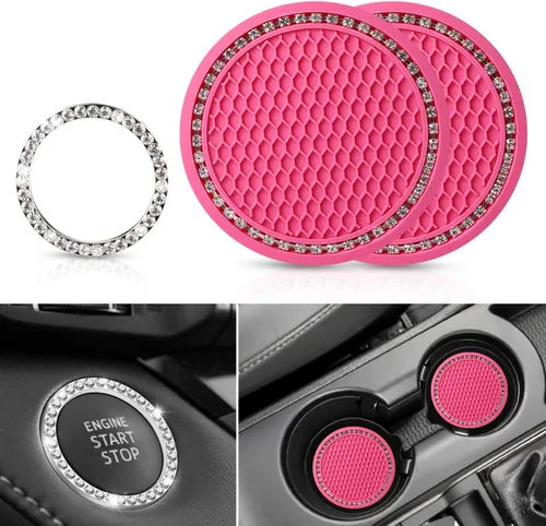 Miniatura 12 de OUZORP Paquete de 2 posavasos azules para automóvil con botón de arranque y anillo brillante, 1 paquete Posavasos antideslizantes para portavasos
