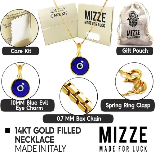 Miniatura 5 de Collar de cadena de oro de 14 quilates de 20 pulgadas de largo con dije de protección contra el mal de ojo de vidrio azul de 0.394in para mujer