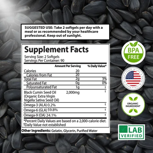 Miniatura 4 de Increíbles cápsulas de aceite de semillas negras, aceite de comino negro orgánico, más oscuro, contenido de timoquinona más alto 1.08 %, planta