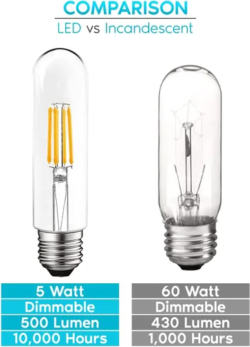 Miniatura 3 de LUXRITE Bombilla LED T10, equivalente a 5 W = 60 W, blanco cálido de 2700 K, bombilla de filamento Edison vintage, 500 lúmenes, bombilla tubular