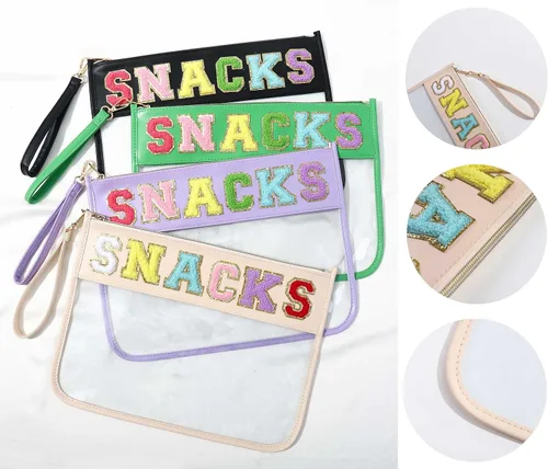 Miniatura 4 de TopTTanBo Bolsa transparente de chenilla con letras, multiusos, transparente, impermeable, para aperitivos, maquillaje, con correa para la muñeca