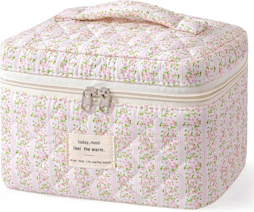 Miniatura 25 de HBselect Bolsa de Maquillaje Acolchada, Bolsa de Maquillaje Grande de Algodón para Viaje, Lindas Bolsas de Maquillaje con Flores Coquette, Bolsas