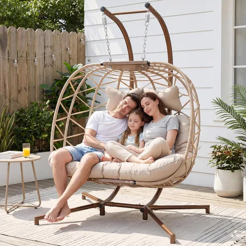 Miniatura 14 de NICESOUL Acogedora silla colgante con soporte para interiores y exteriores, silla columpio de mimbre para patio con cojín y patas doradas, 350