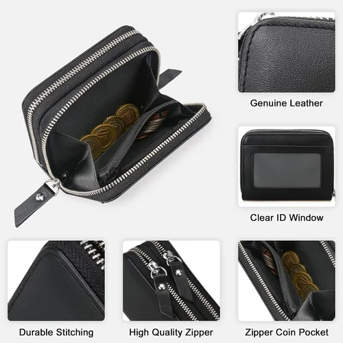 Miniatura 5 de KM Legend Cartera para mujer, delgada, con bloqueo RFID, tarjetero con ventana de identificación, monederos compactos con doble cremallera