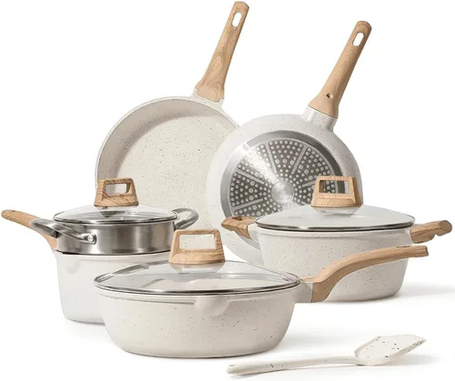 Juego de ollas y sartenes antiadherentes, 10 piezas de utensilios de cocina de piedra de inducción antiadherentes saludables, juego de cocina de