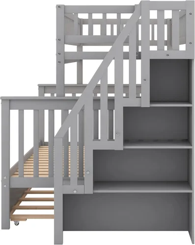 Miniatura 4 de Polibi Litera de escalera individual sobre matrimonial con nido, escalera de almacenamiento y barandilla de longitud completa, litera de Gris