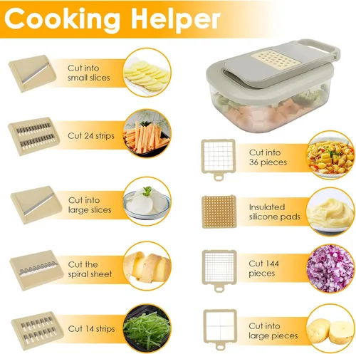 Miniatura 3 de Picador de verduras, cortador de alimentos con mandolina 9 en 1 para cocina, rallador de queso, picador de verduras con recipiente, 9 cuchillas