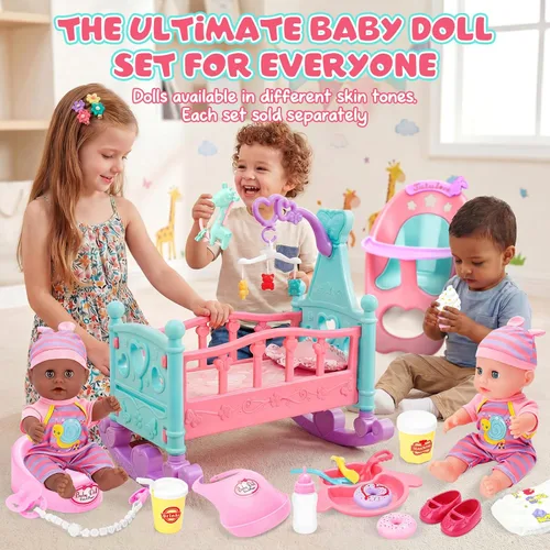 Miniatura 6 de deAO Juego de Muñecas de Bebé de 12" con Cuna, Móvil, Silla Alta, Accesorios de Alimentación, Muñecas Interactivas para Niñas, Juego de Simulación
